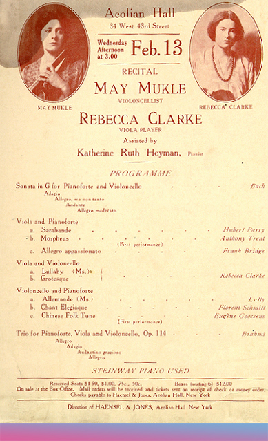 Konzertprogramm mit Rebecca Clarke als Bratischtin und der Aufführung eines ihrer Werke, 1918 © gemeinfrei