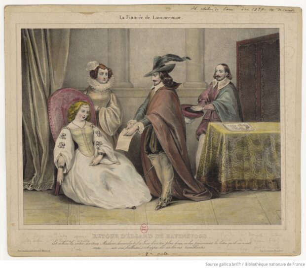 Farbillustration zu Walter Scotts „The Bride of Lammermoor“: Lucy soll in den Ehevertrag einwilligen