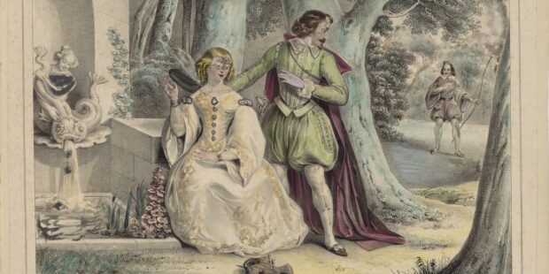 Farbillustration zu Walter Scotts „The Bride of Lammermoor“: Lucy trifft sich mit heimlich mit Edgar